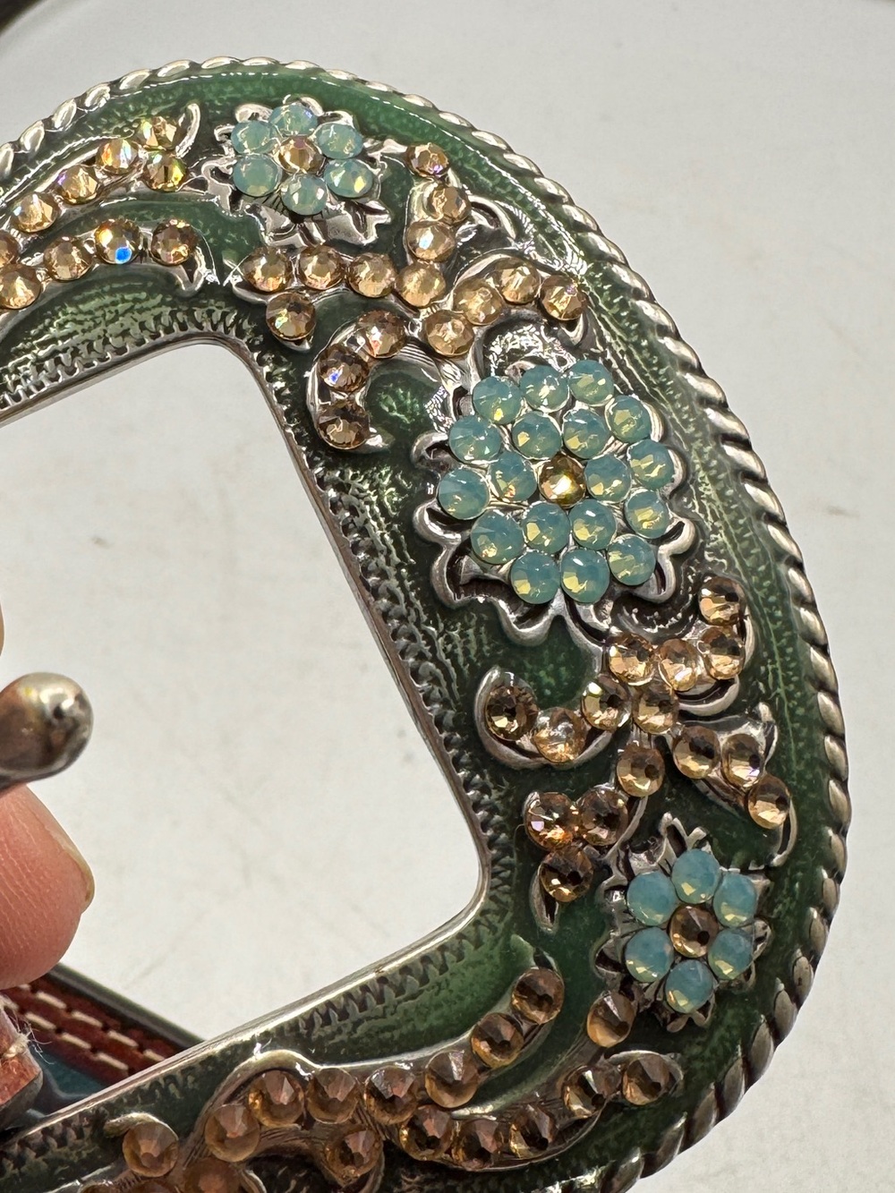 Tooled Leather Western Belt with Ornate Sparkle Floral Buckle - Teal & Brown XL - Picture 12 of 12